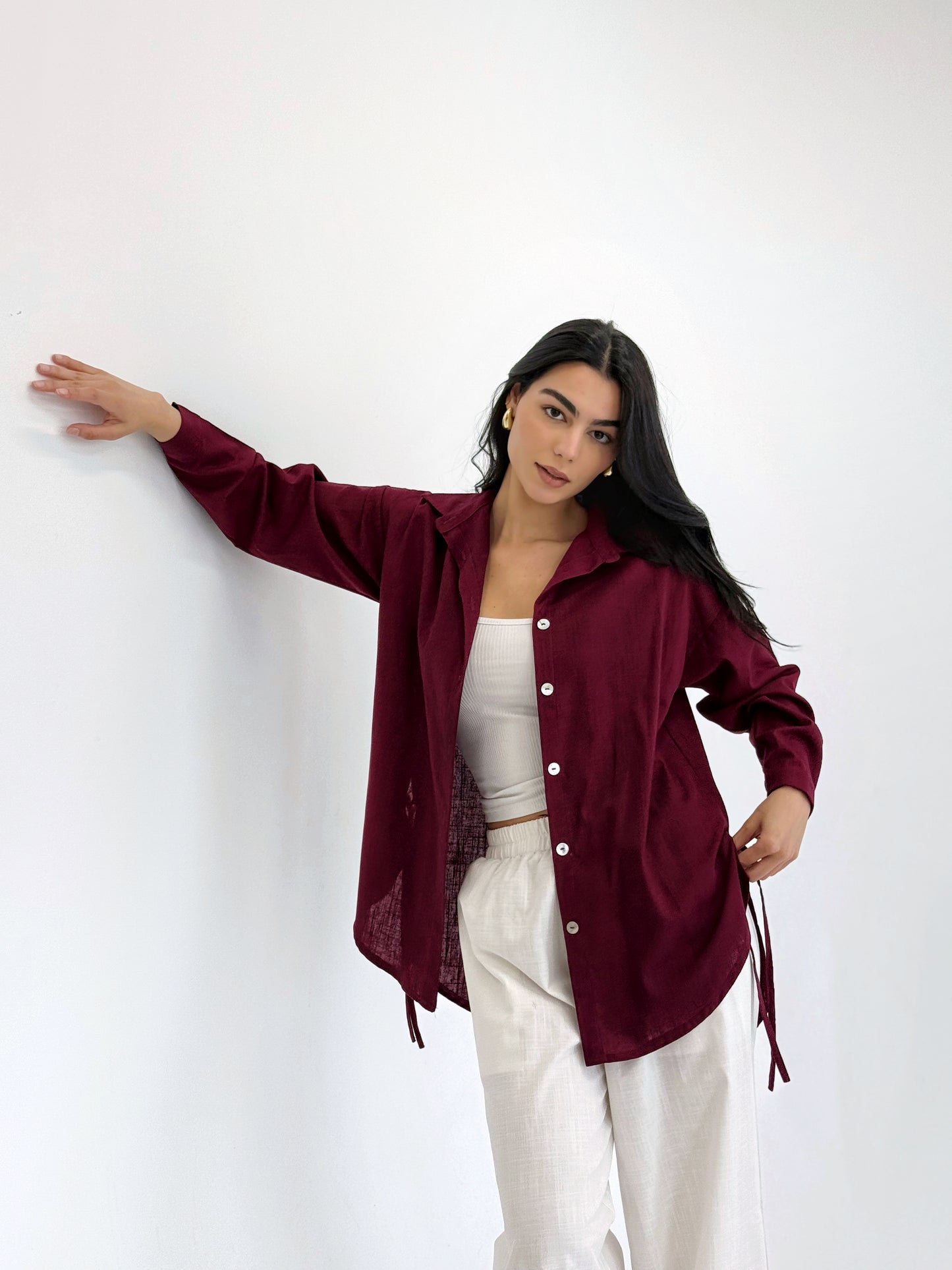 Linen Bow Back Shirt In burgundy