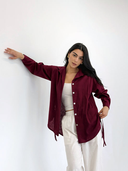 Linen Bow Back Shirt In burgundy
