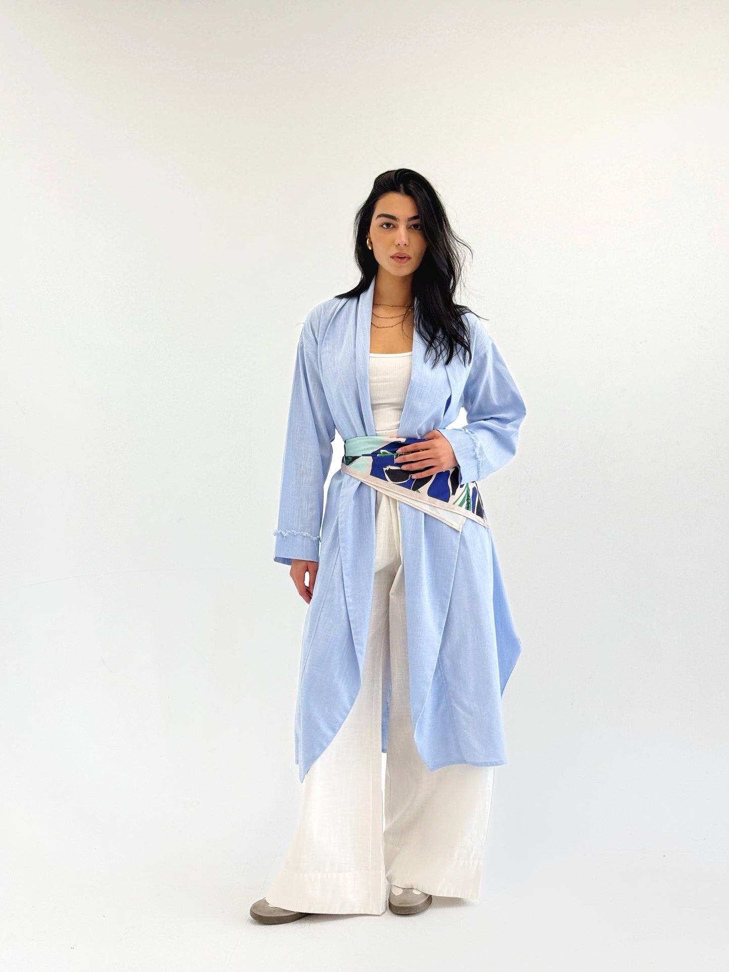Raw-Edge Linen Cardigan In baby blue
