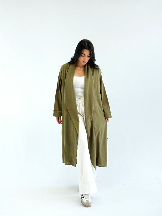 Raw-Edge Linen Cardigan in Olive