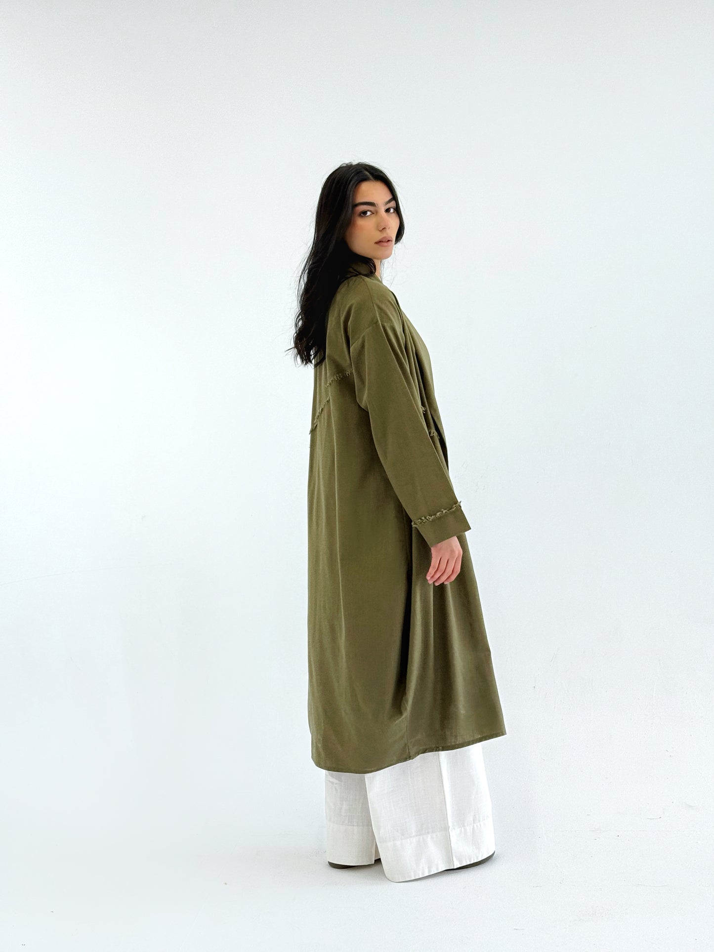 Raw-Edge Linen Cardigan in Olive