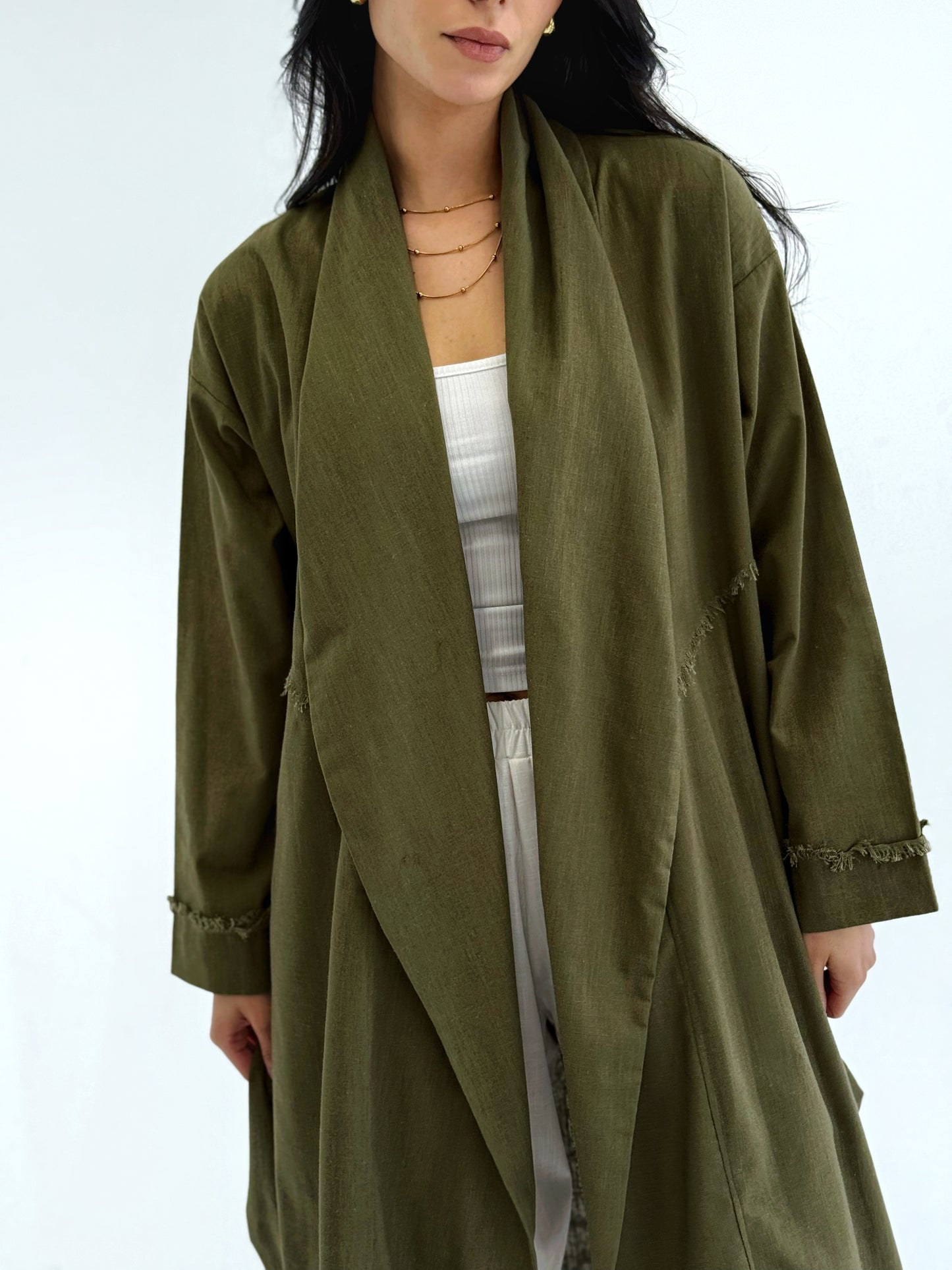 Raw-Edge Linen Cardigan in Olive