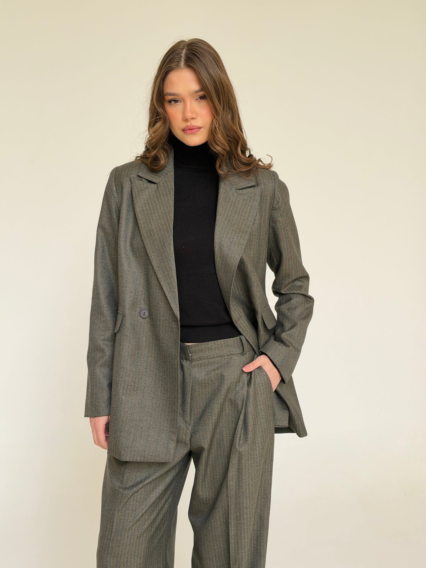 The Tailored Striped Blazer in cafe