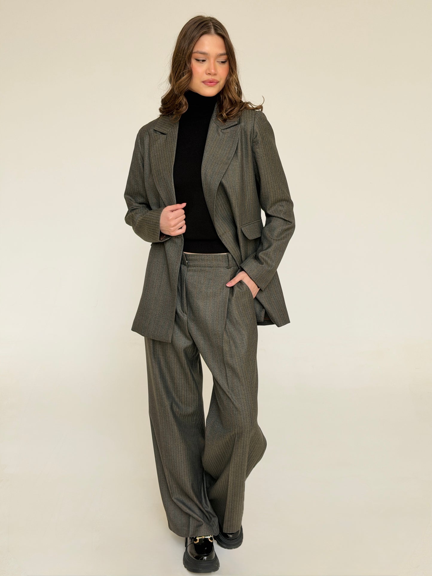 The Tailored Striped Blazer in cafe