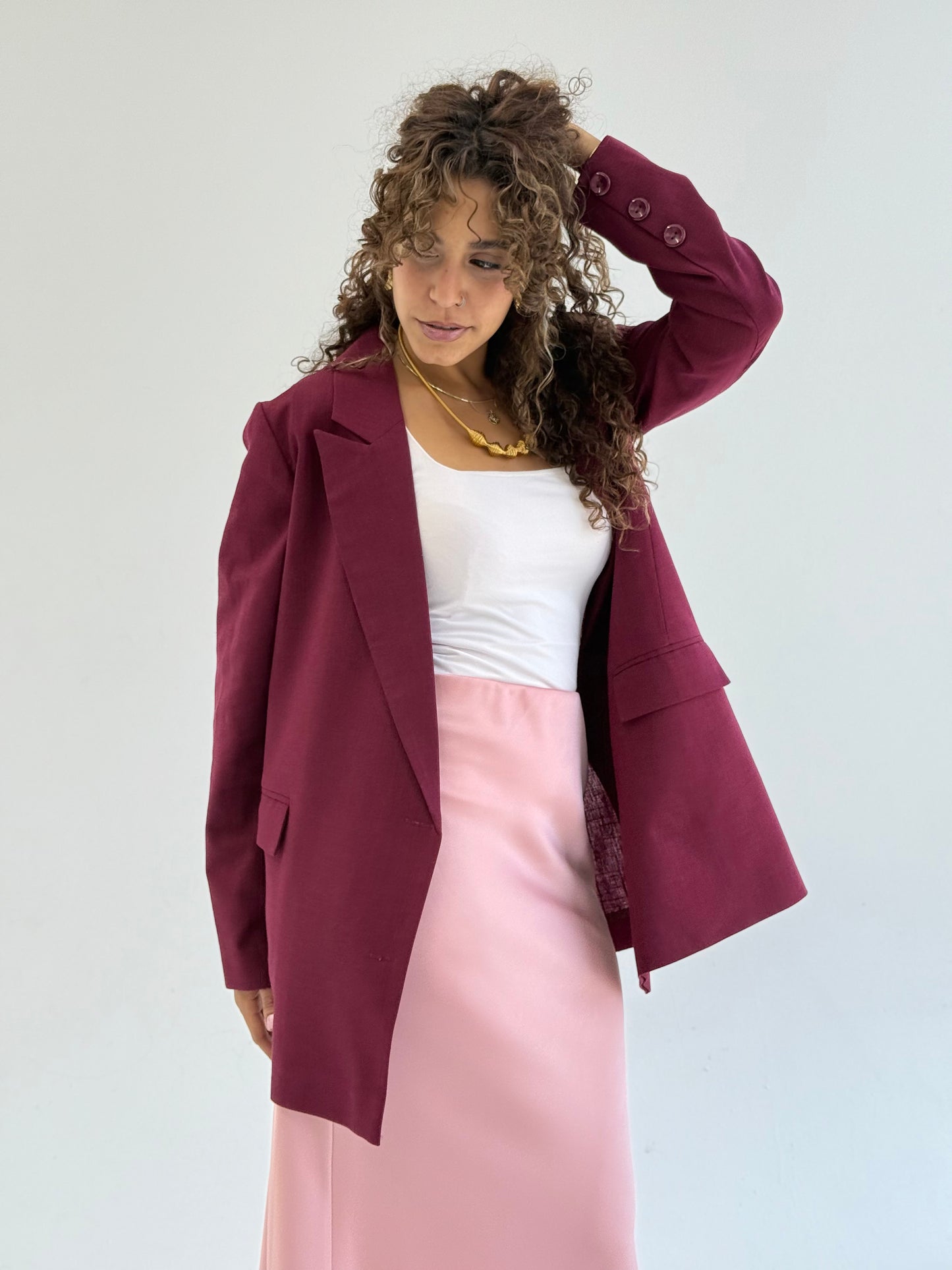 linen blazer in burgundy