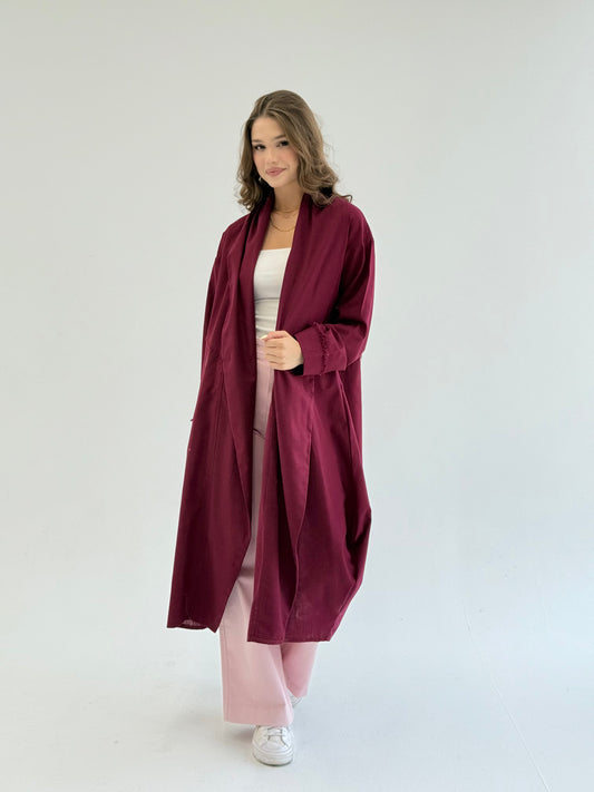 Raw-Edge Linen Cardigan In Burgundy