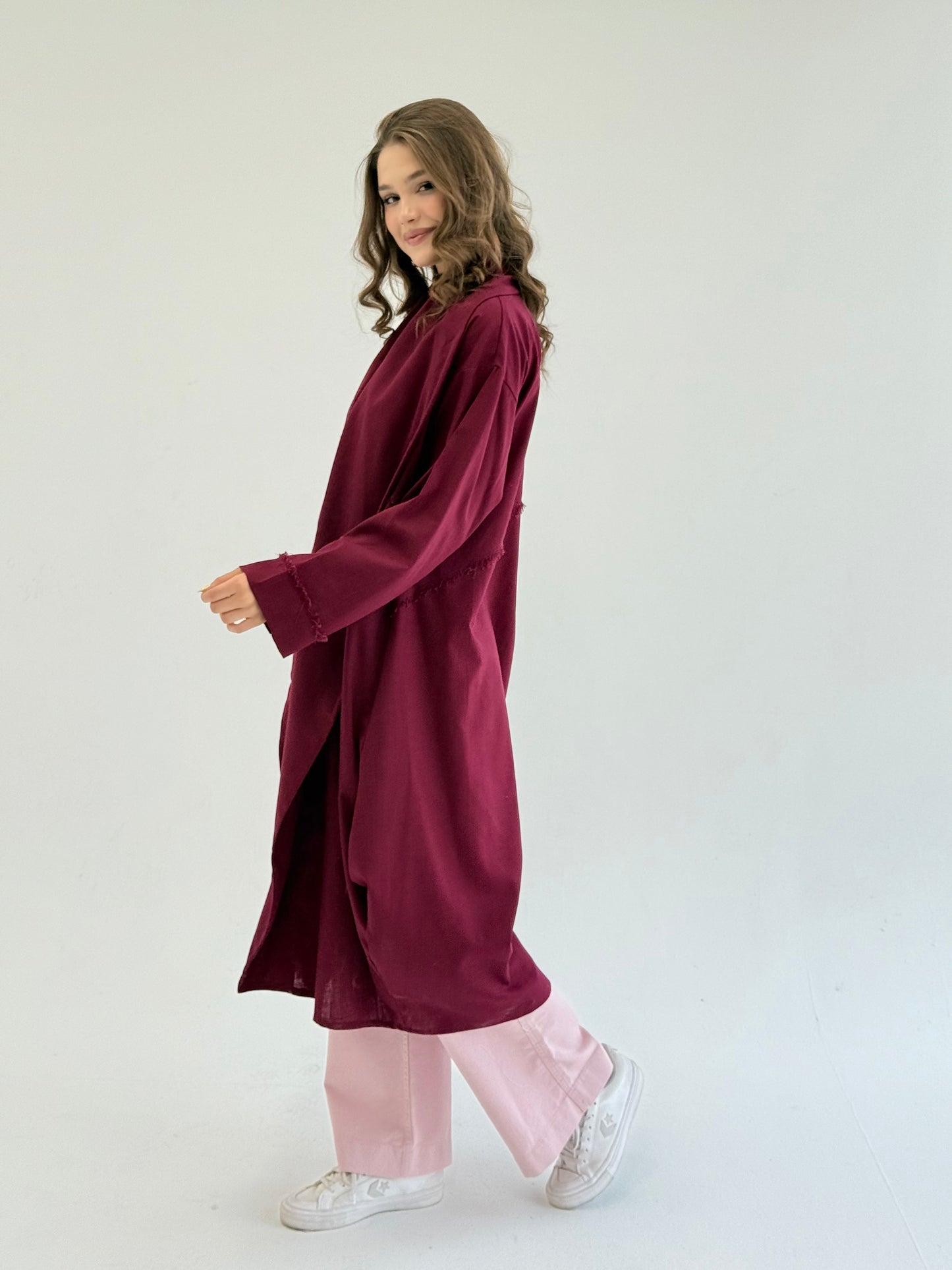Raw-Edge Linen Cardigan In Burgundy