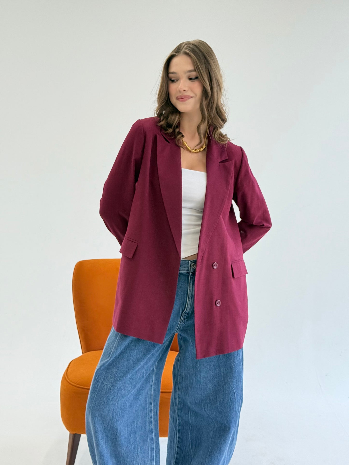 linen blazer in burgundy