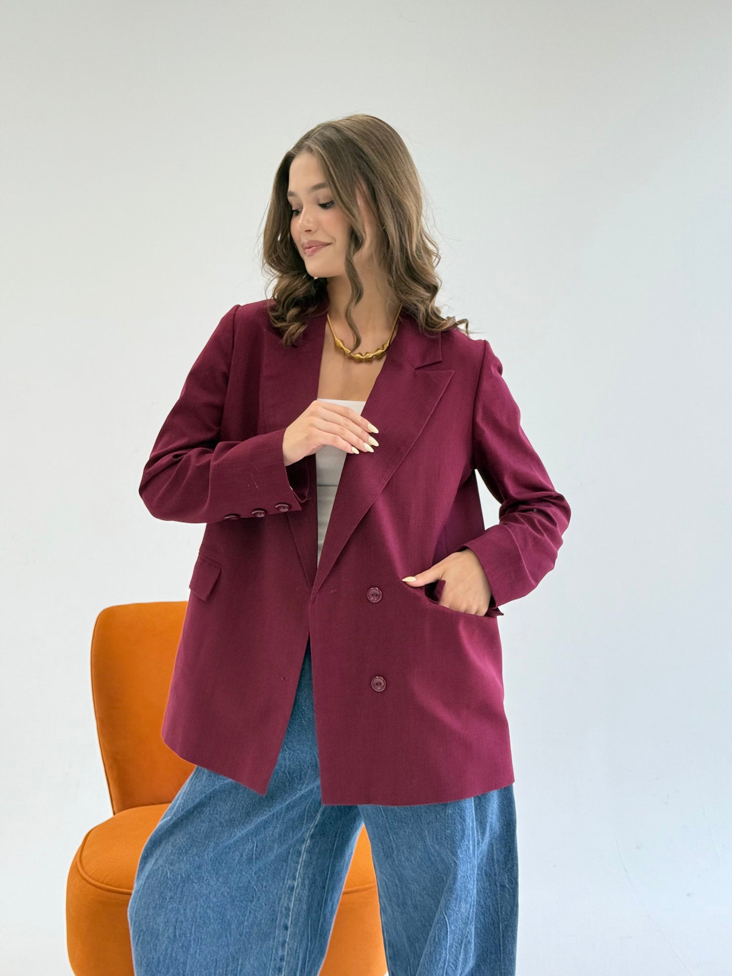 linen blazer in burgundy
