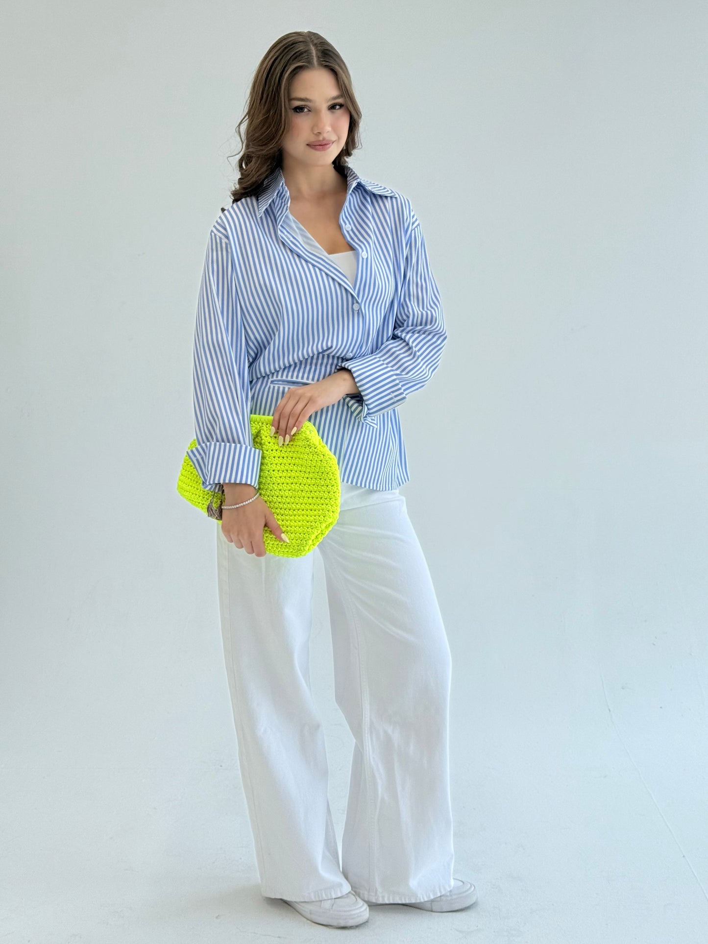 Striped blue shirt with pocket belt