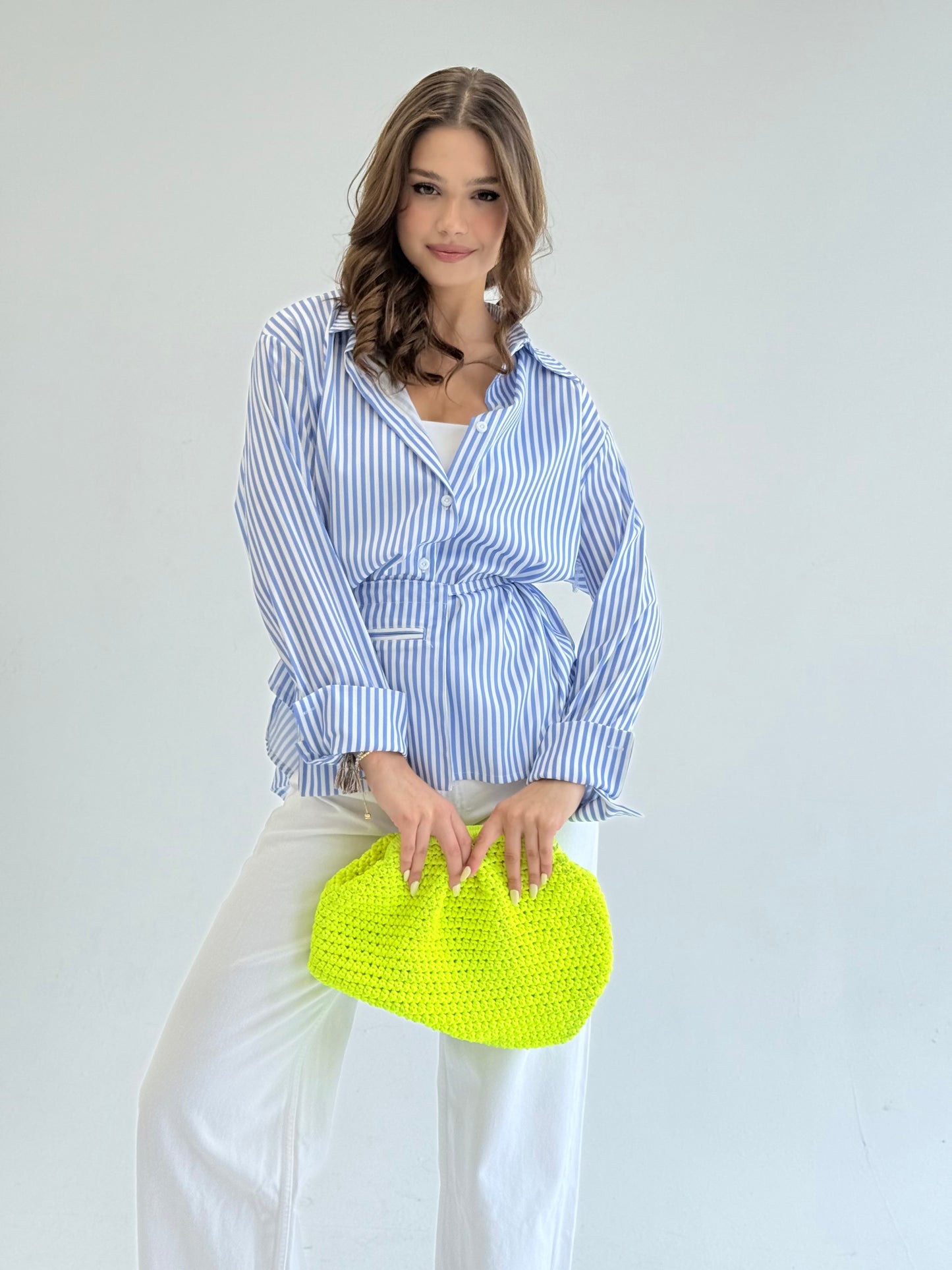Striped blue shirt with pocket belt