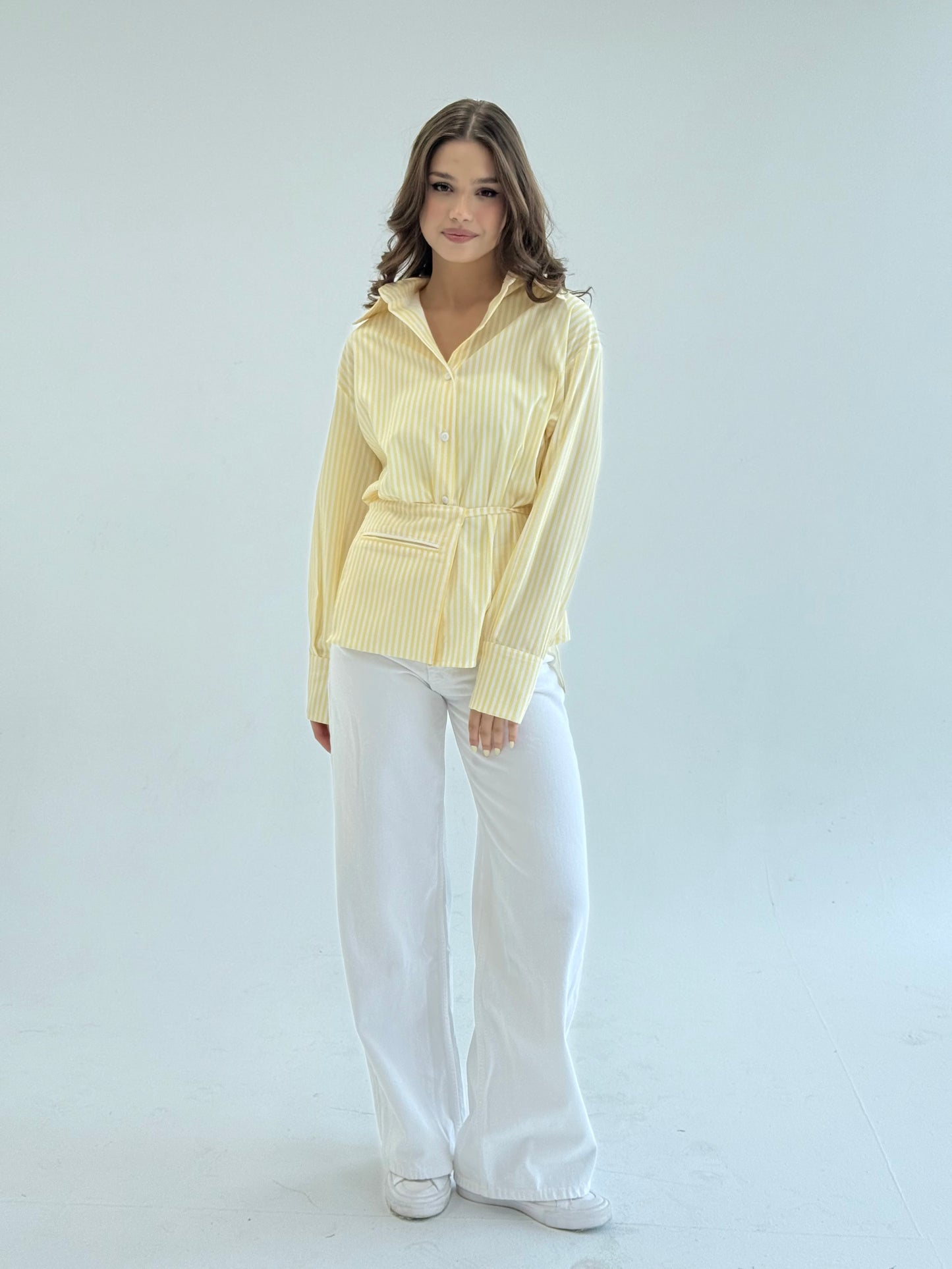 Striped yellow shirt with pocket belt