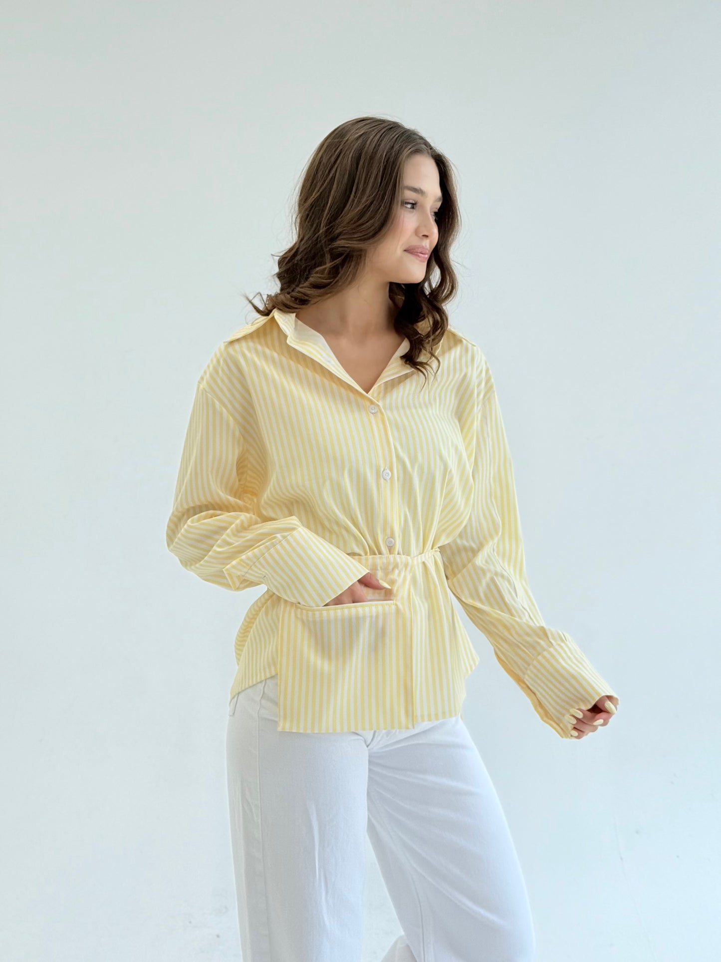 Striped yellow shirt with pocket belt