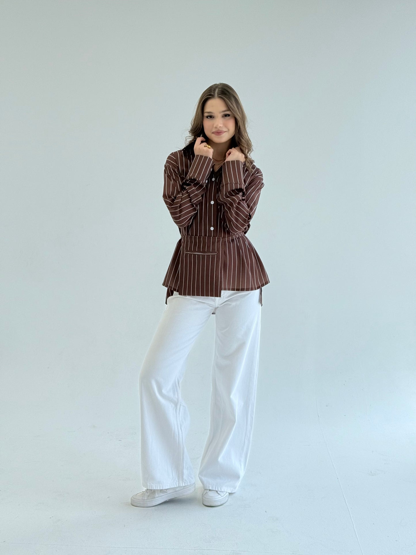 Striped brown  shirt with pocket belt