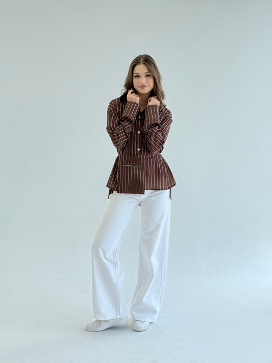 Striped brown  shirt with pocket belt