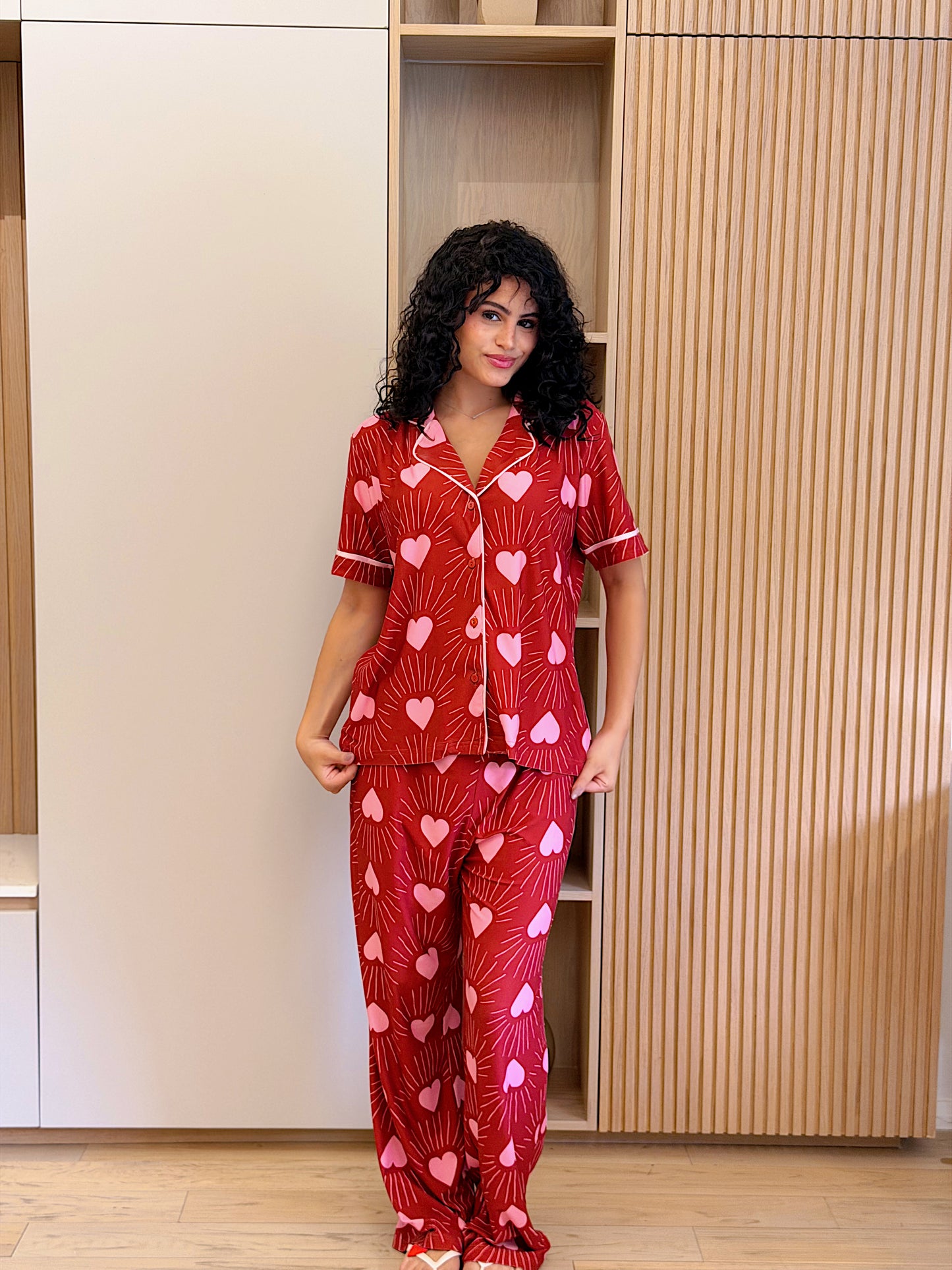 Self love cotton Button -up pajama / club in Red