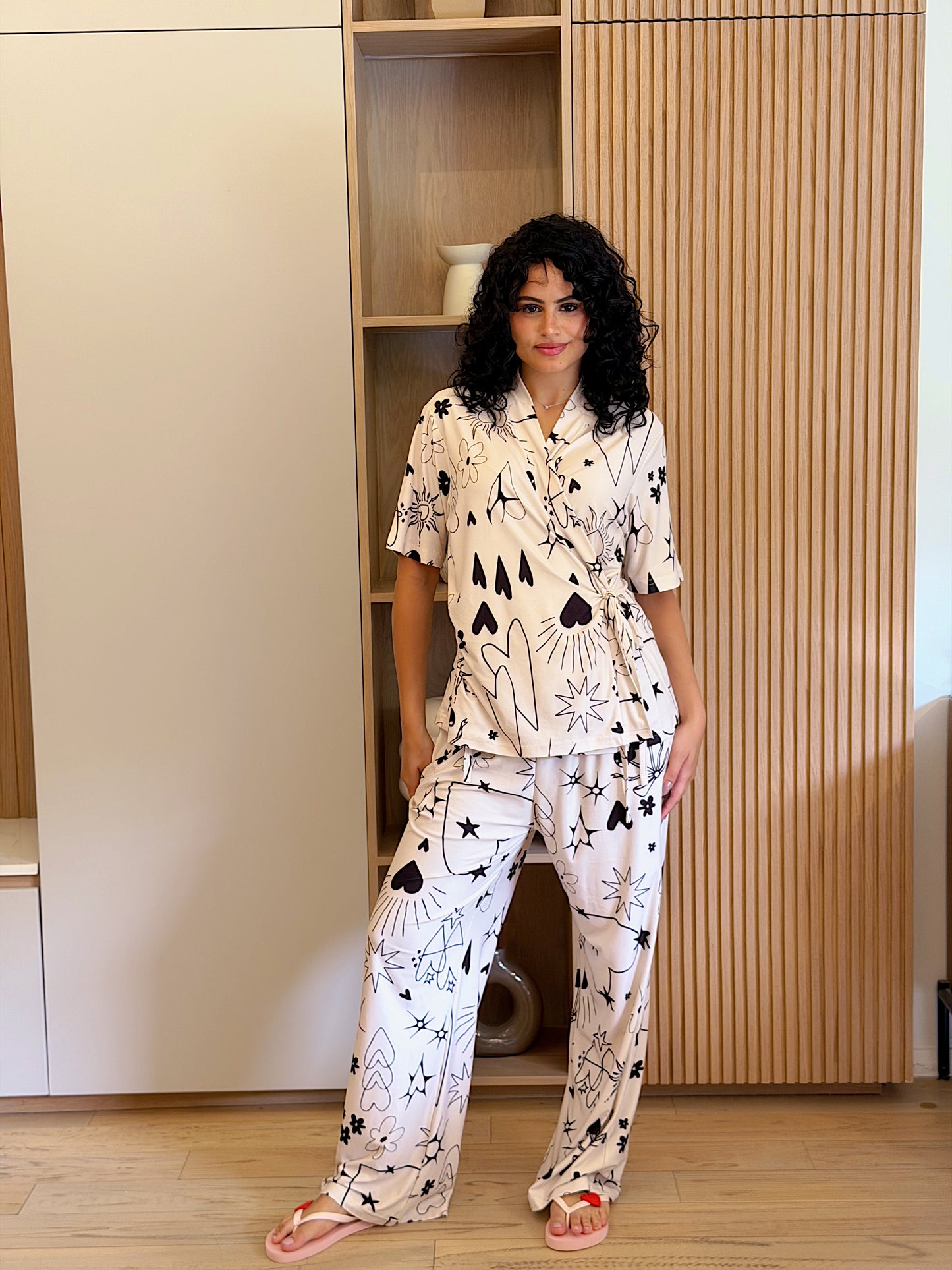 Self love cotton warp-style pajama/ self care in Beige