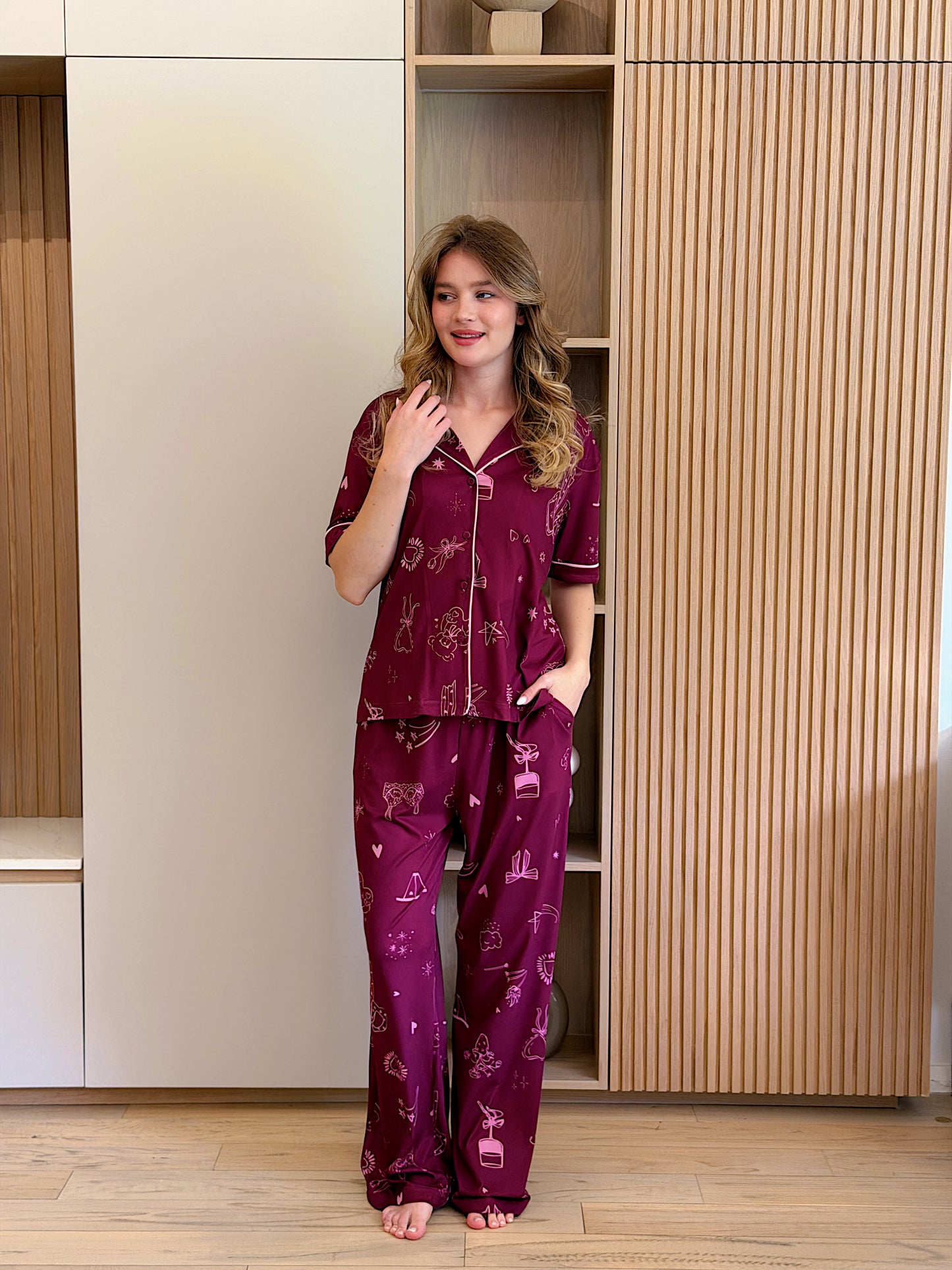 Self love cotton Button -up pajama /just girl in burgundy
