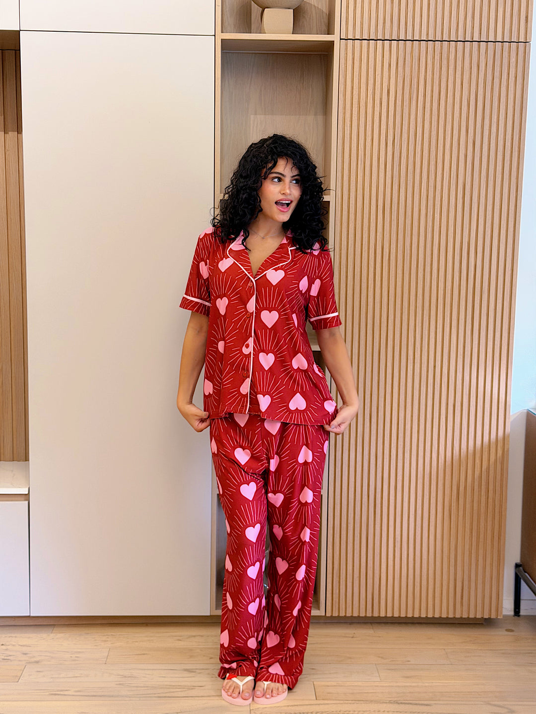 Self love cotton Button -up pajama / club in Red
