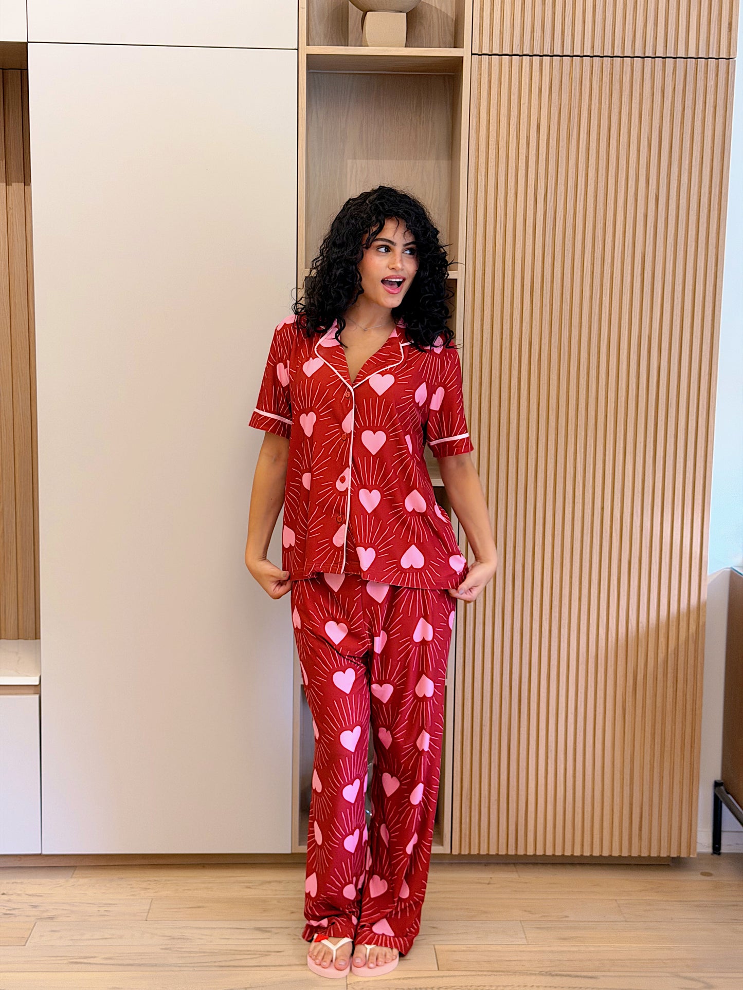 Self love cotton Button -up pajama / club in Red