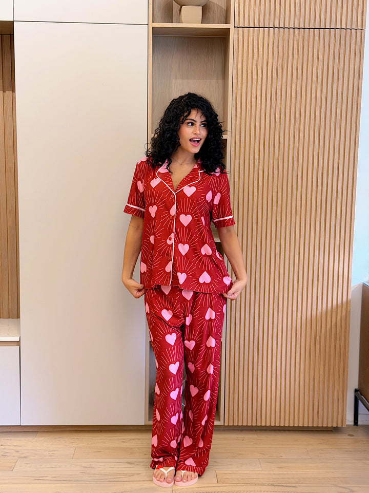 Self love cotton Button -up pajama / club in Red