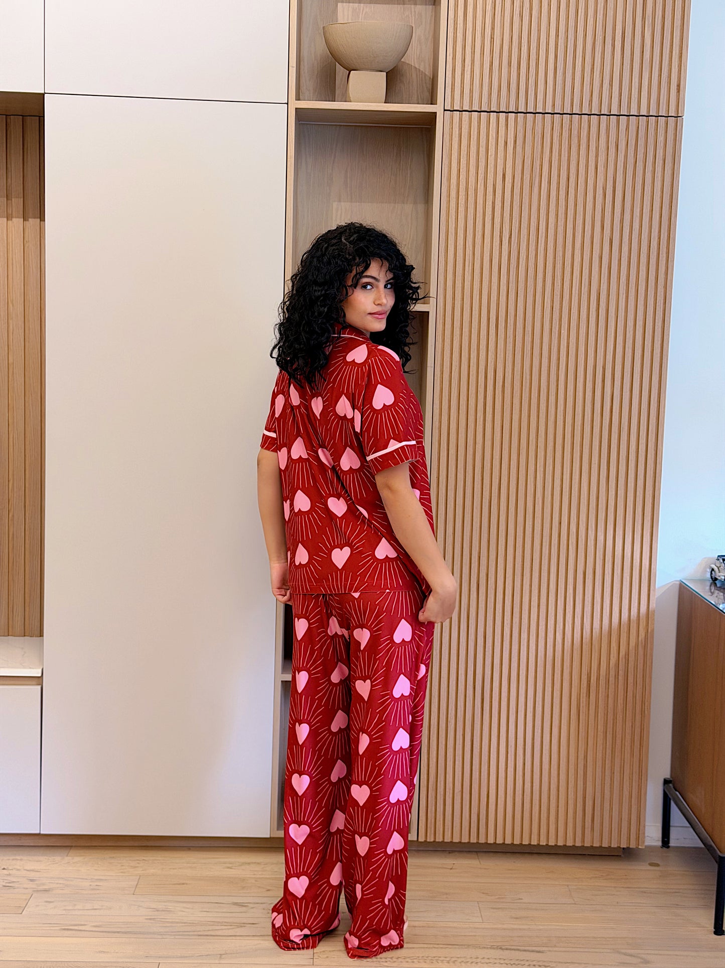 Self love cotton Button -up pajama / club in Red