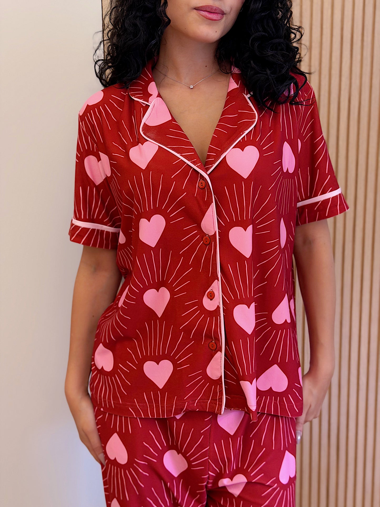 Self love cotton Button -up pajama / club in Red
