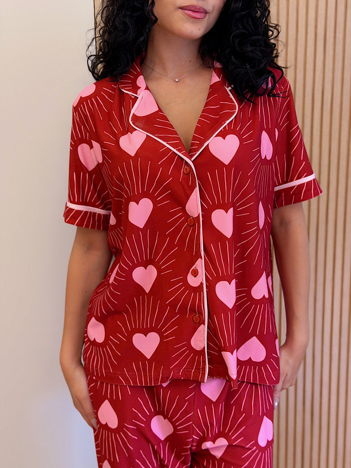 Self love cotton Button -up pajama / club in Red