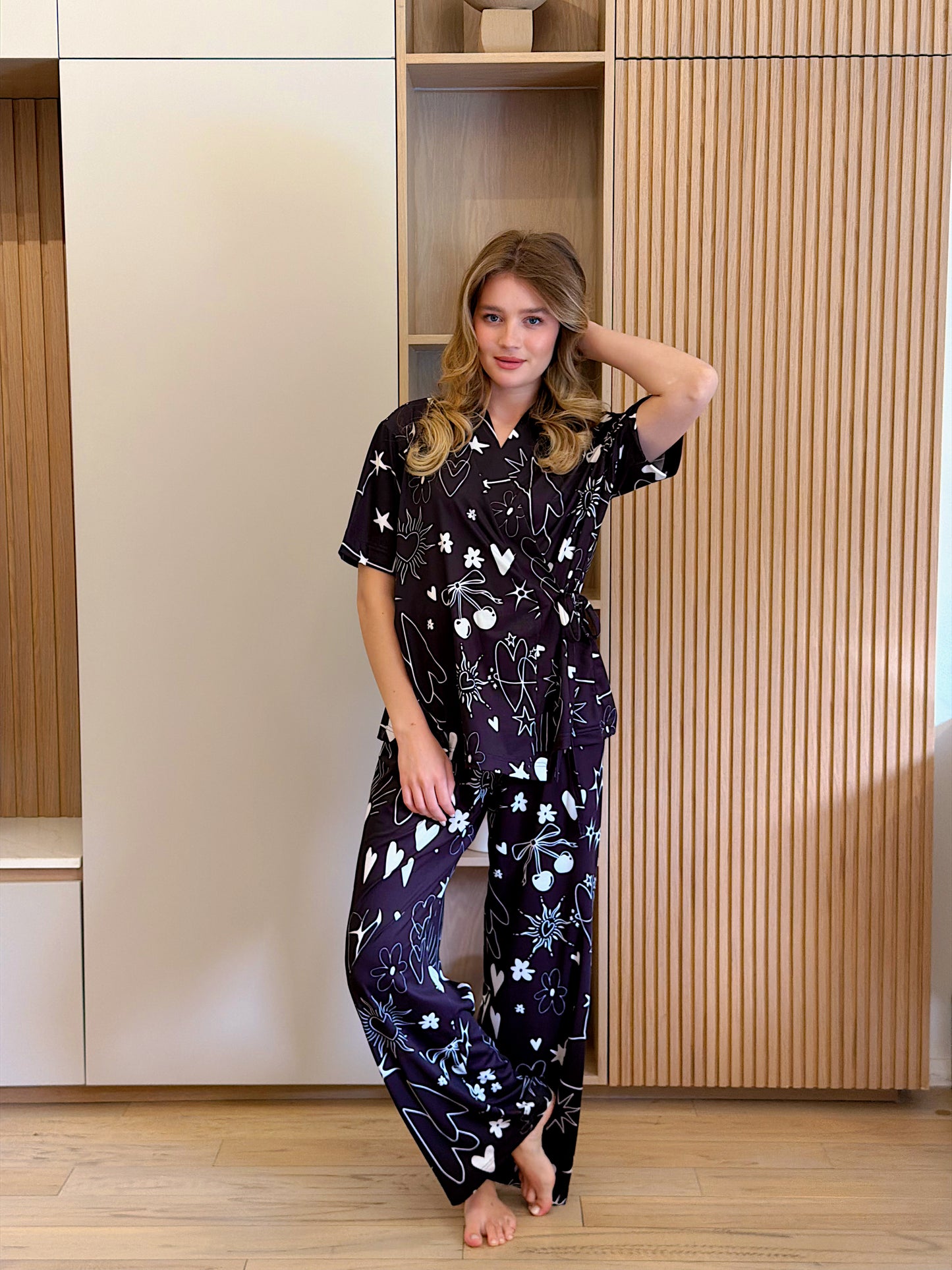 Self love cotton warp-style pajama / self care in black