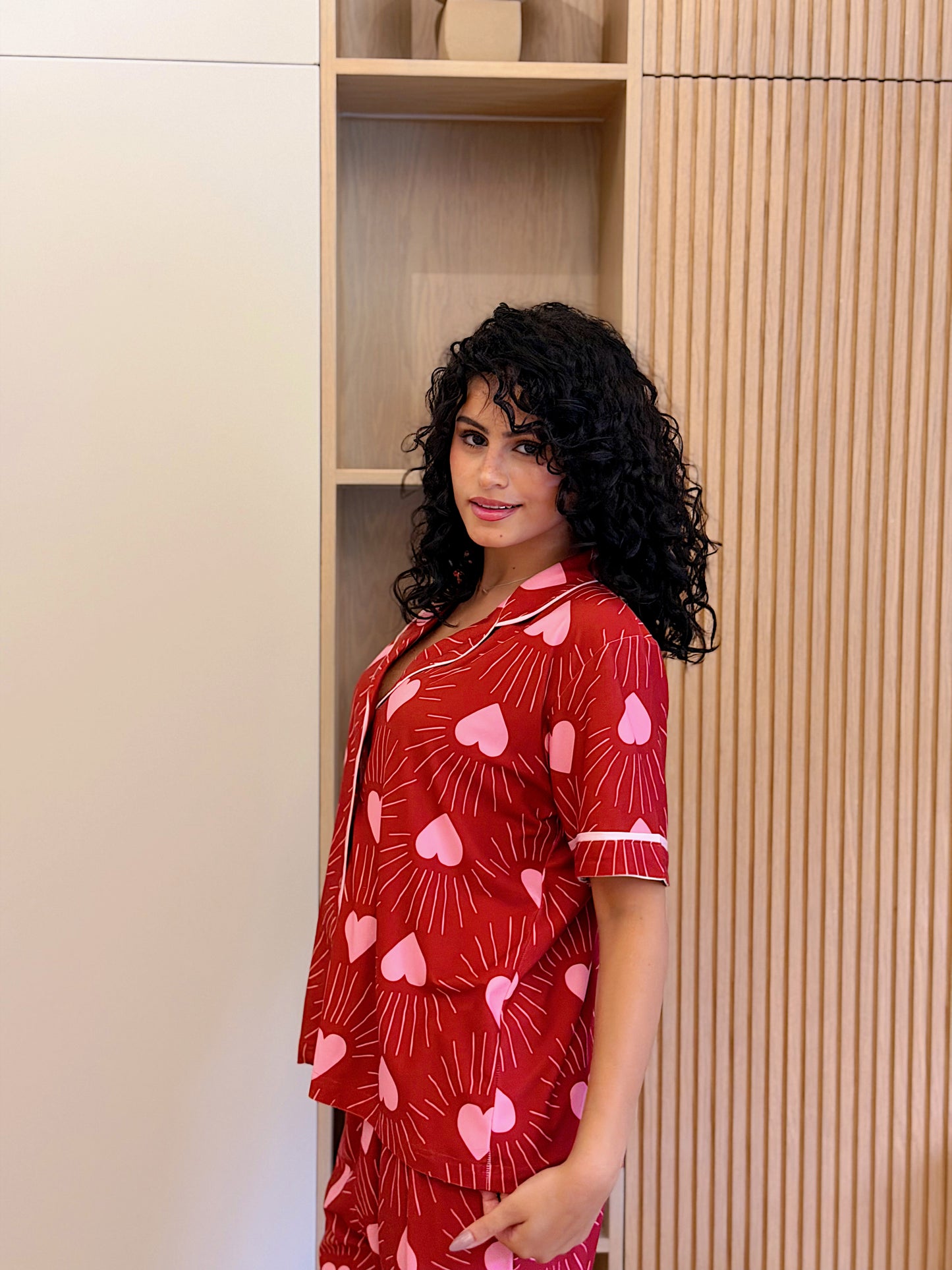Self love cotton Button -up pajama / club in Red