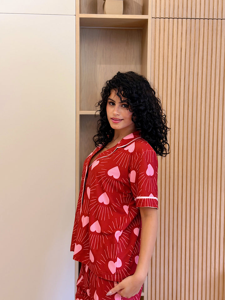 Self love cotton Button -up pajama / club in Red