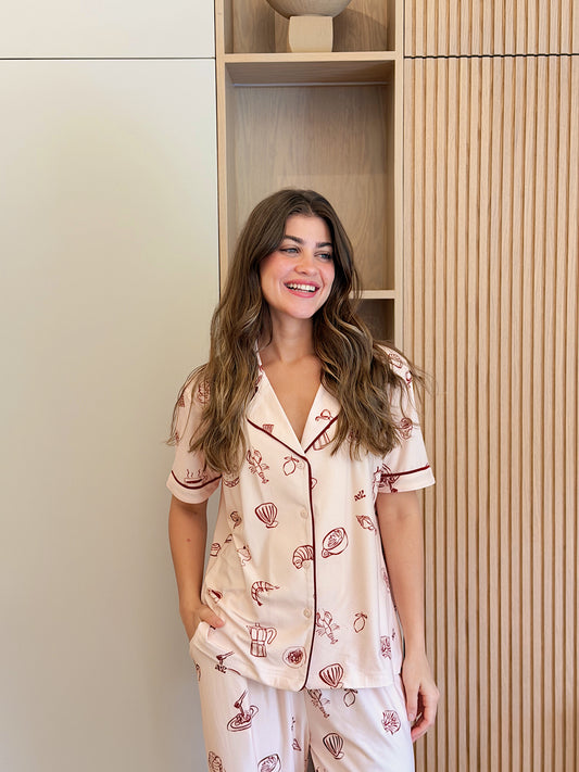 Self love cotton Button -up pajama / Breakfast club in Beige