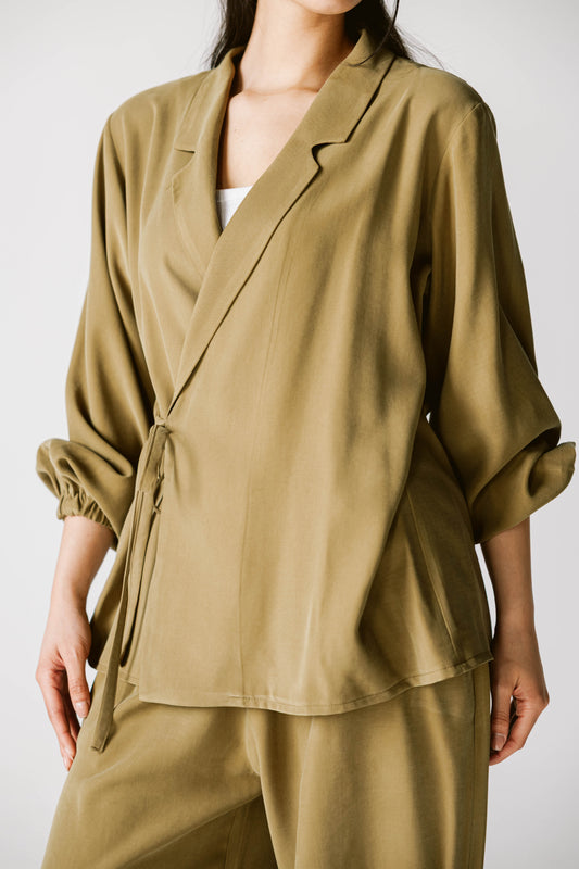 Wrap Blazer Set In Khaki Olive