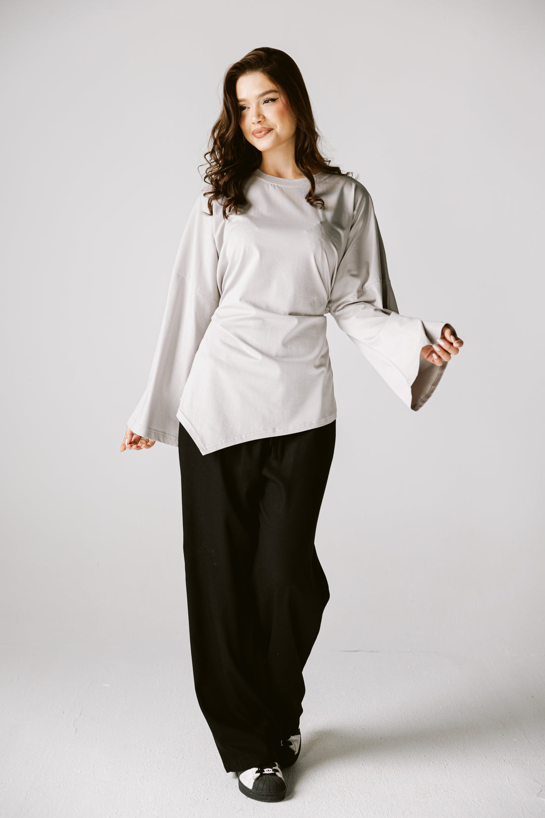 Waist Tie Top In Gray