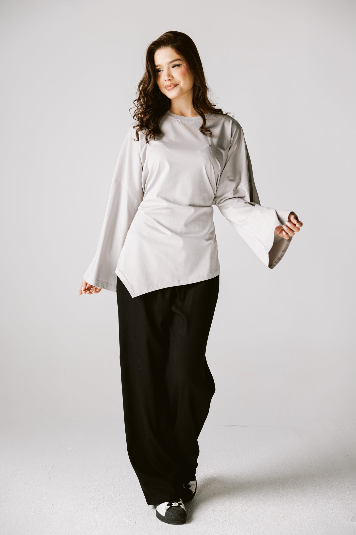 Waist Tie Top In Gray