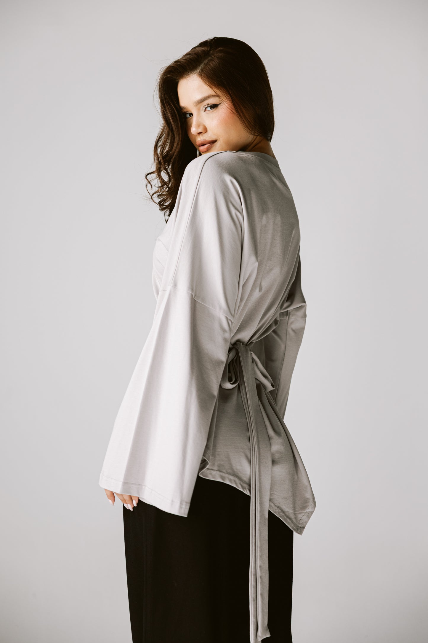 Waist Tie Top In Gray
