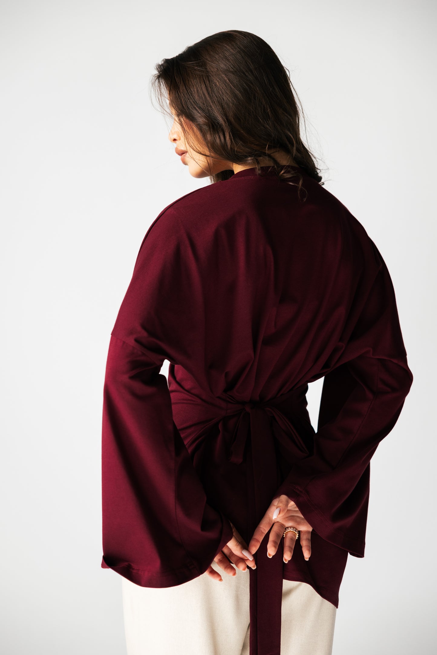 Waist Tie Top In Burgundy
