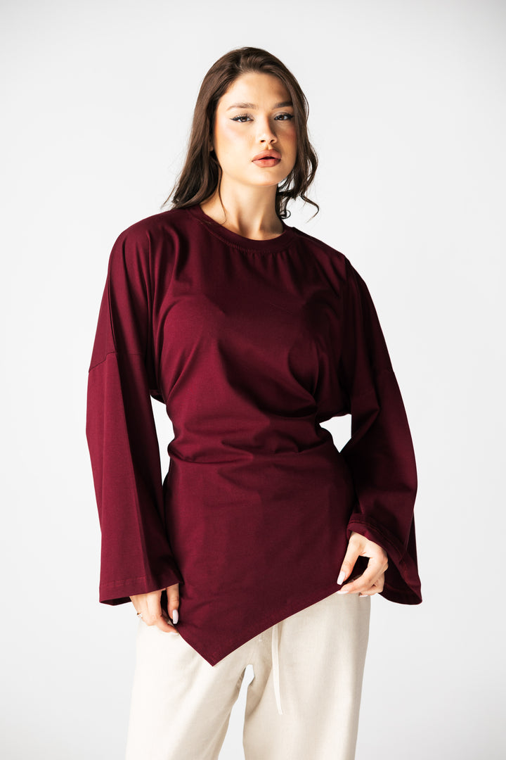 Waist Tie Top In Burgundy