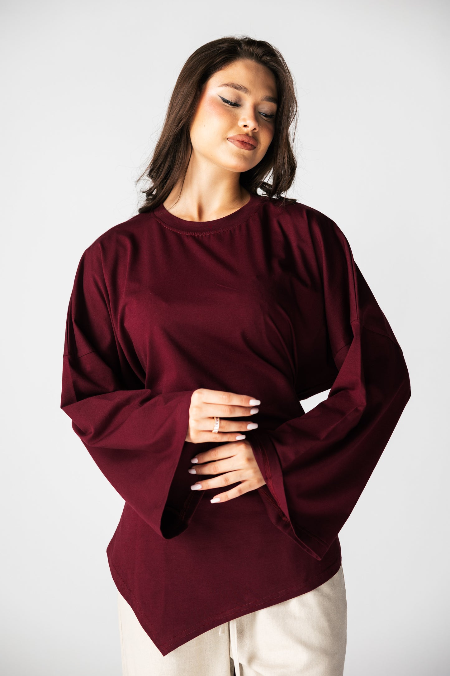 Waist Tie Top In Burgundy