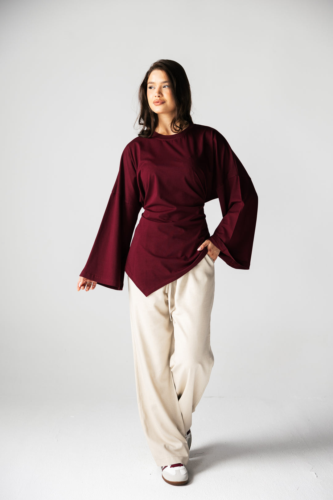 Waist Tie Top In Burgundy