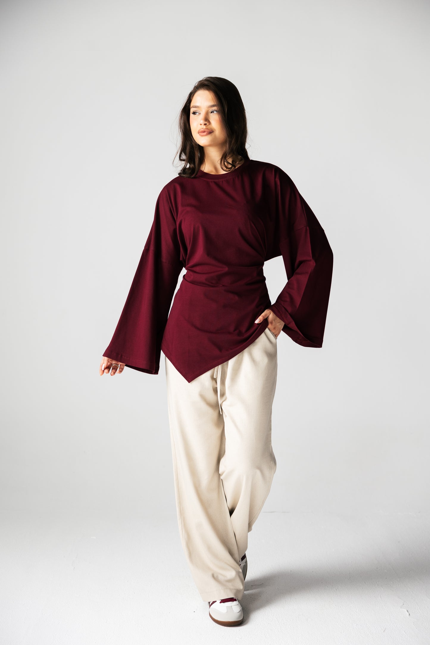 Waist Tie Top In Burgundy