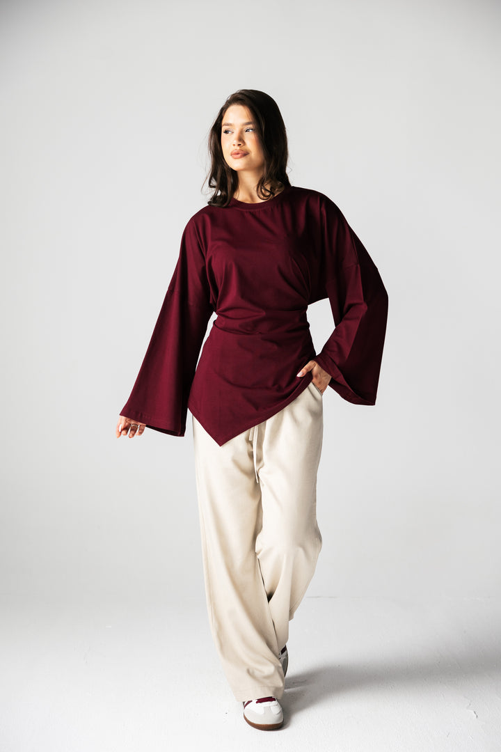 Waist Tie Top In Burgundy