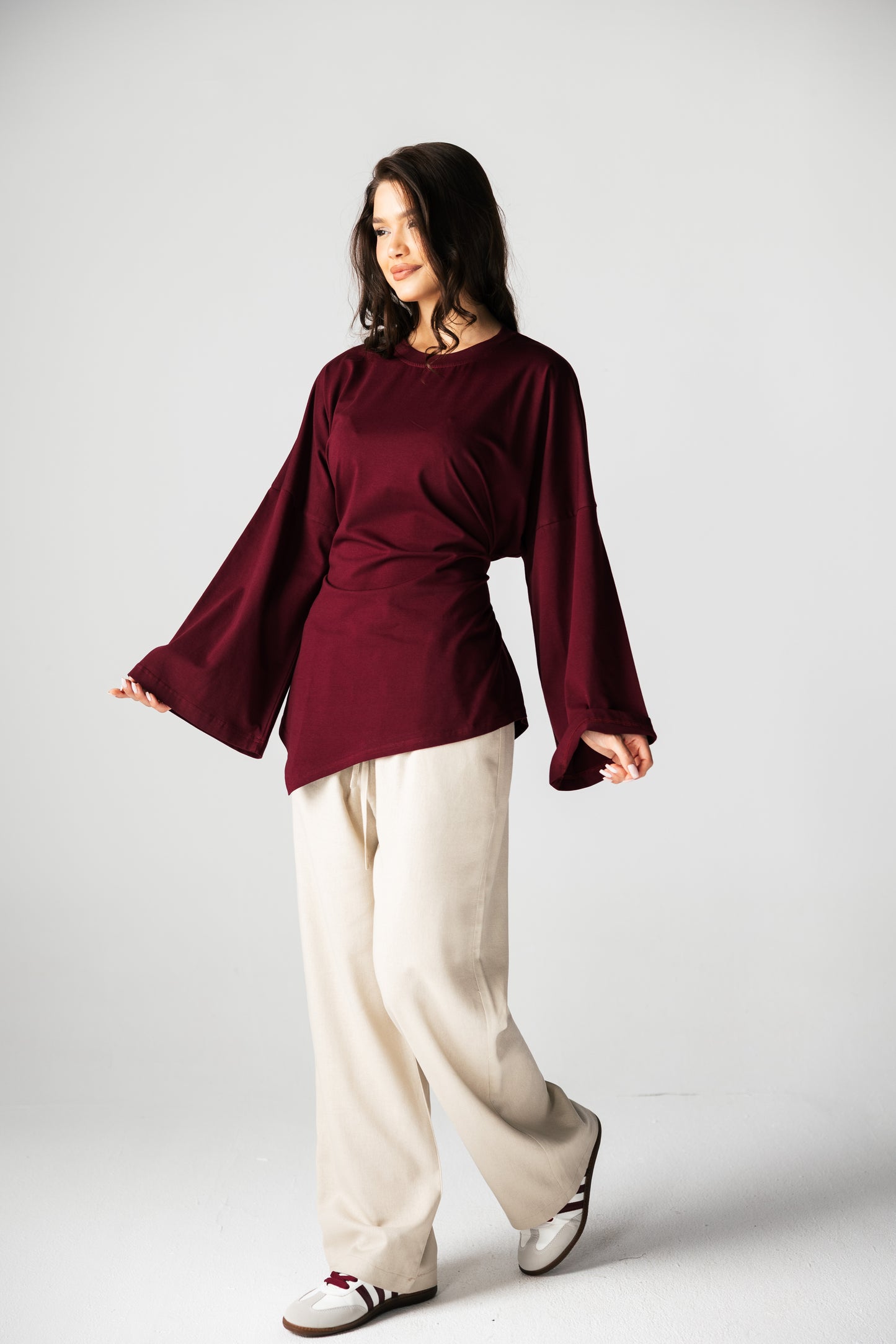 Waist Tie Top In Burgundy