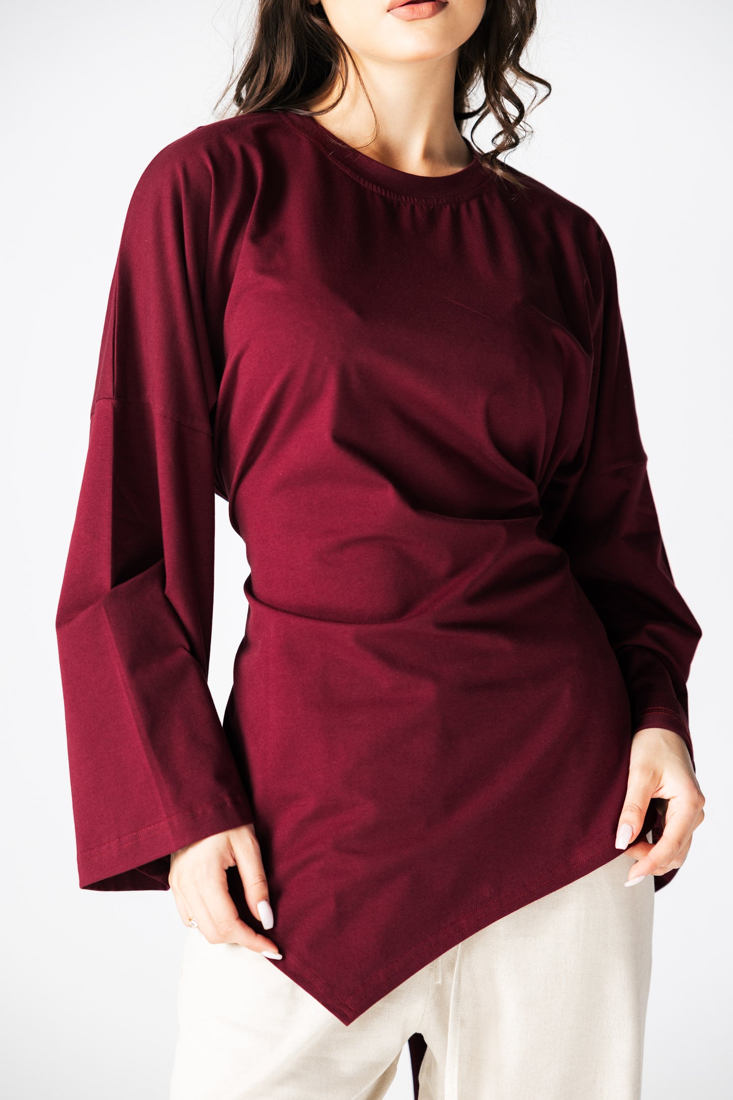 Waist Tie Top In Burgundy