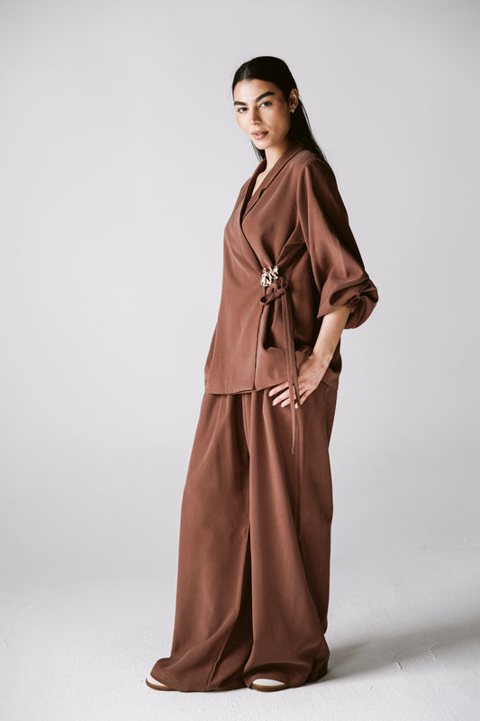 Wrap Blazer Set In Brown