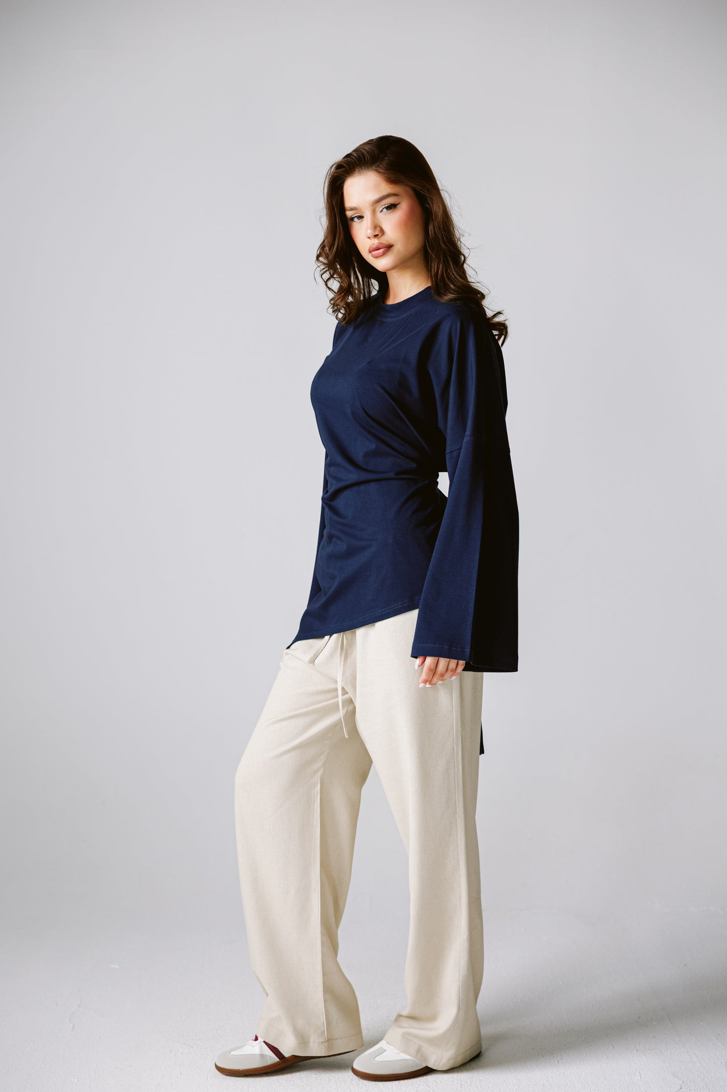 Waist Tie Top In Navy