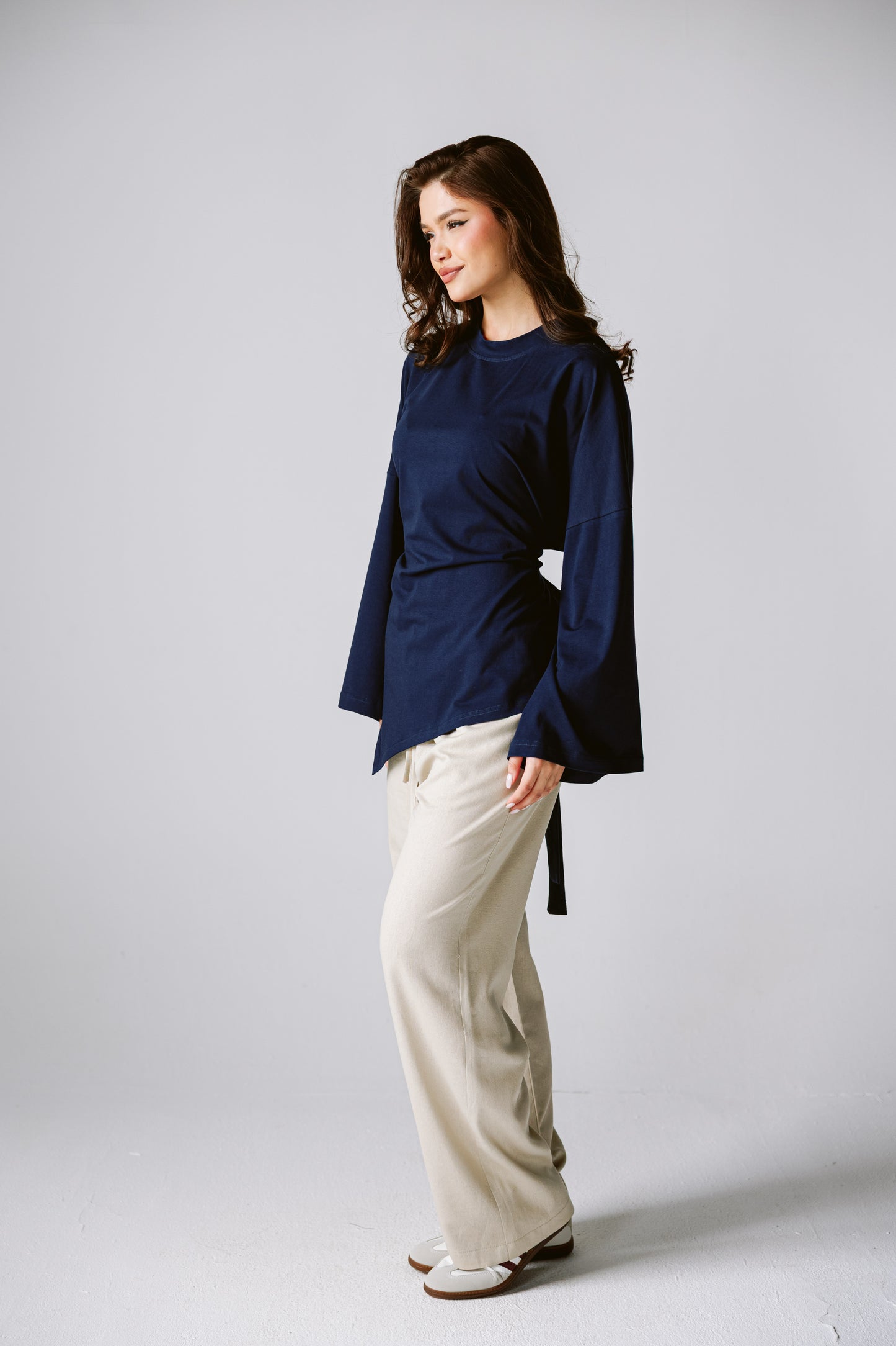 Waist Tie Top In Navy