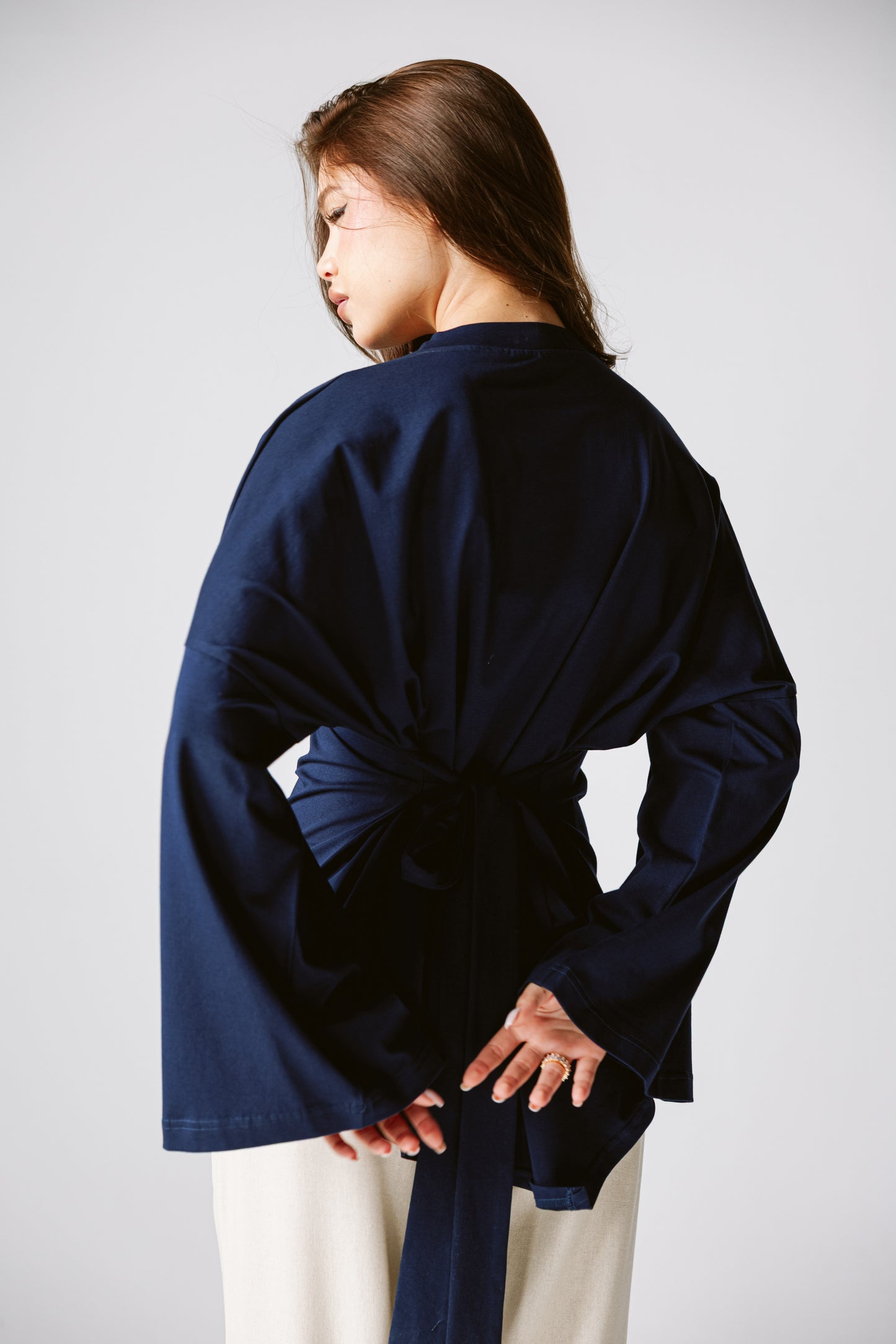 Waist Tie Top In Navy