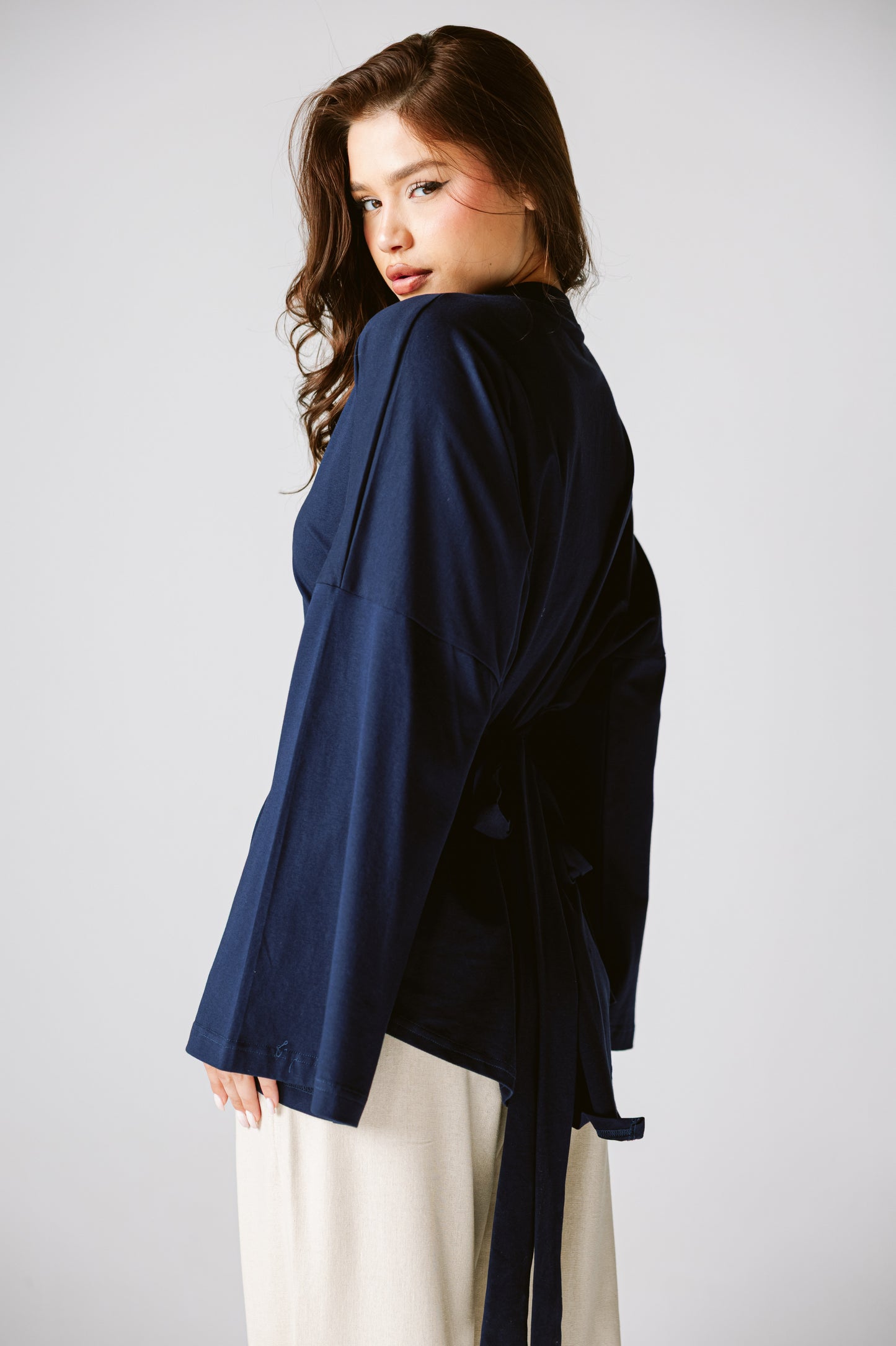 Waist Tie Top In Navy