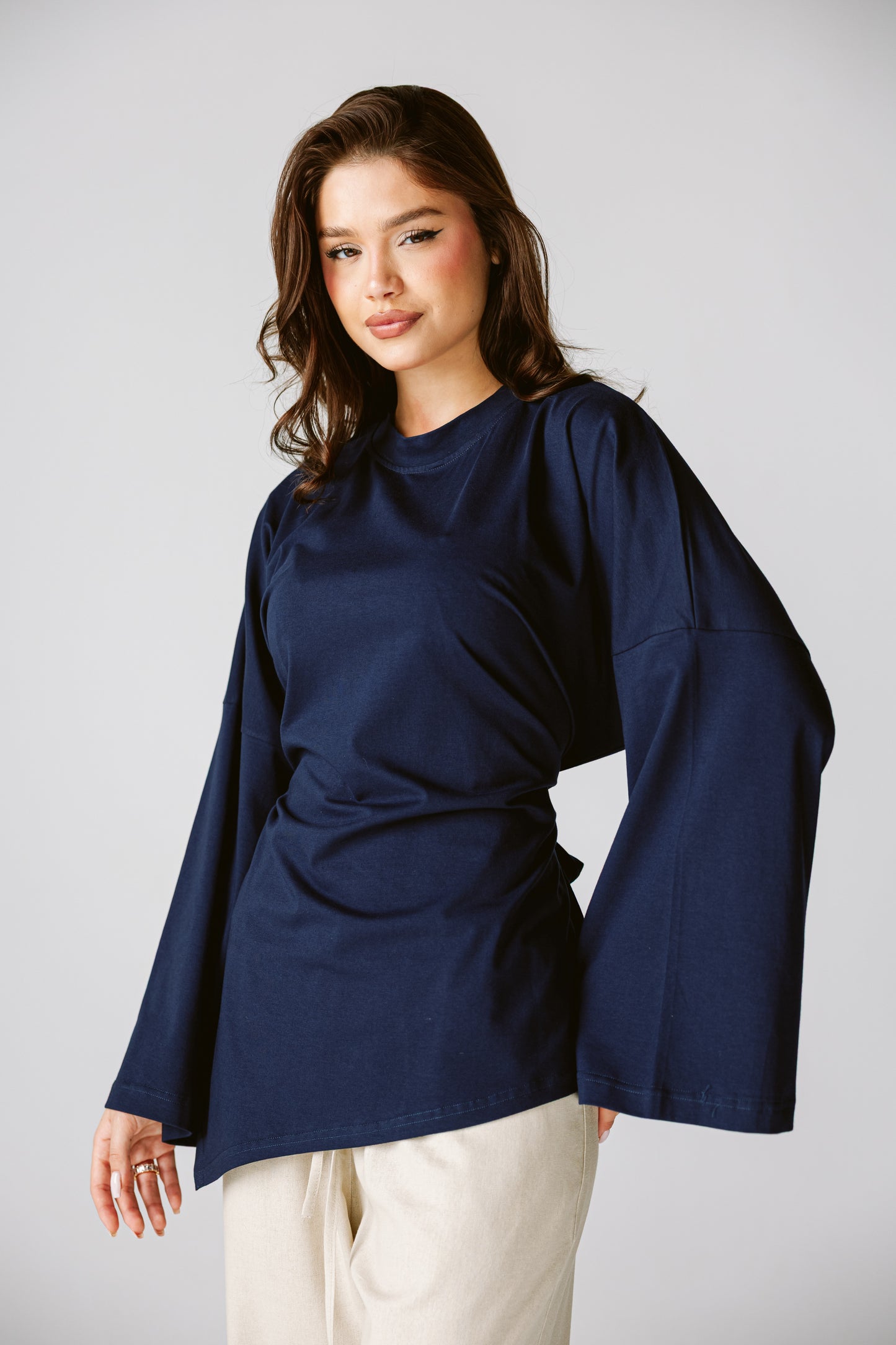 Waist Tie Top In Navy